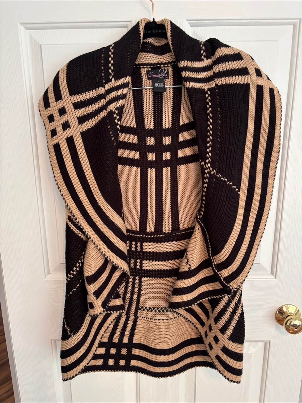 Dana Buchman Black and Beige Plaid Shawl Collar Cardigan